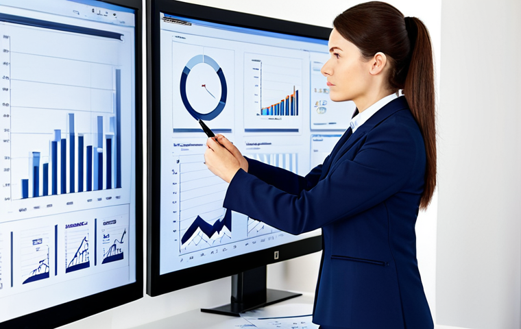 재무제표에서 수익성과 비용 분석하기 - Businesswoman Analyzing Data**
"A professional businesswoman in a modest, navy blue business suit, ...